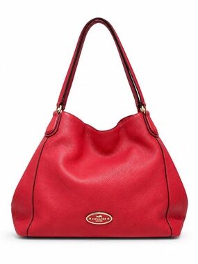Coach Edie Pebbled Leather Shoulder Bag Red Hobo Gold Hardware Large Tote Zip